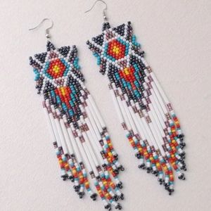 Long 6" White Turquoise Southwestern Handmade Beaded Tribal Earrings New Boho